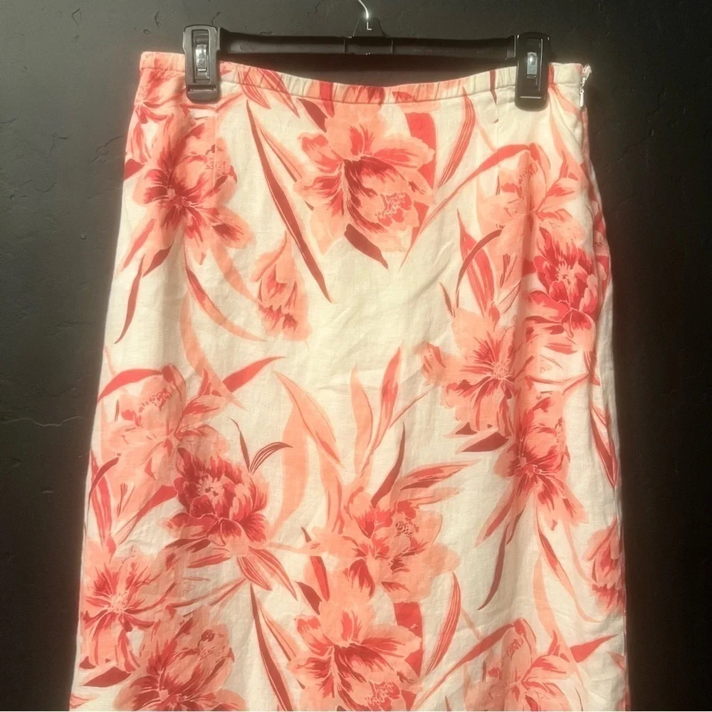 Amanda Smith 100% Linen Women SZ S Long SALMON PINK Floral A-Line